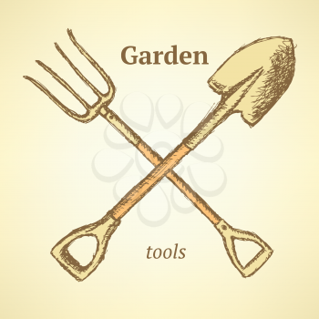Garden fork and shovel, vintage background in sketch style