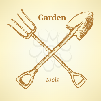 Garden fork and shovel, vintage background in sketch style