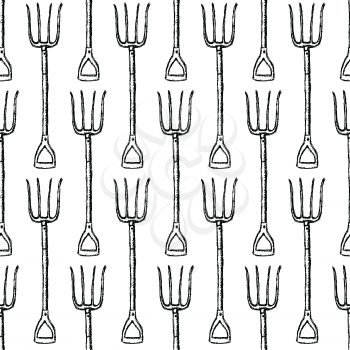 Sketch garden fork, vector vintage seamless pattern

