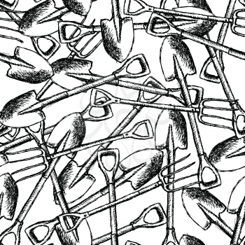 Sketch garden shovel and fork, vector vintage seamless pattern

