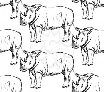 Sketch wild rhino, vector vintage seamless pattern