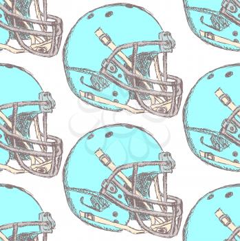 Sketch football helmet, vector vintage seamless pattern