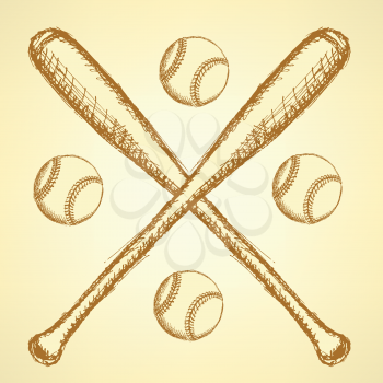 Sketch baseball ball and batl,  vintage background

