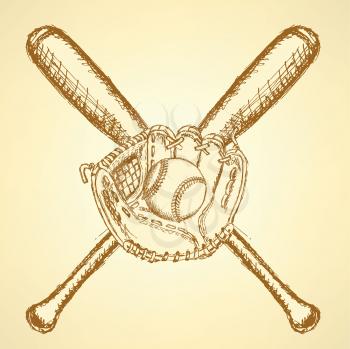 Sketch baseball ball, glove and bat, background

