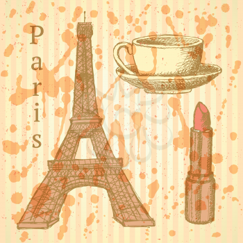 Sketch Eiffel tower, lipstick and cup, vector vintage background

