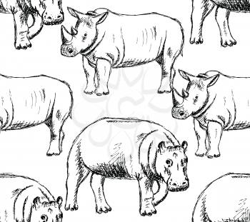 Sketch hippo and rhino, vector vintage seamless pattern

