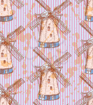 Sketch Holand windmill, vector vintage seamless pattern
