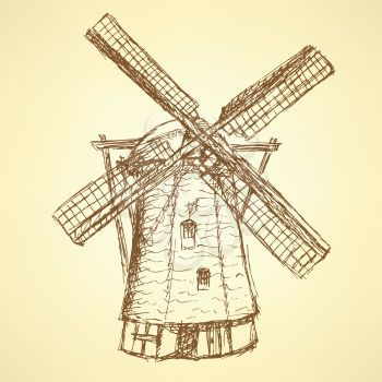 Sketch Holand windmill, vector vintage background eps 10
