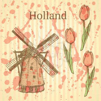 Sketch Holland windmill and tulip, vector vintage background