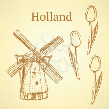 Sketch Holland windmill and tulip, vector vintage background