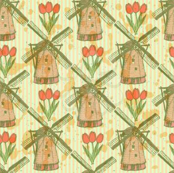 Sketch tulip and windmill, vector vintage seamless pattern