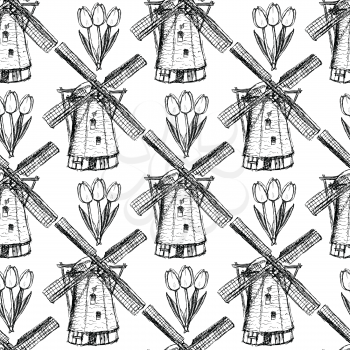 Sketch tulip and windmill, vector vintage seamless pattern