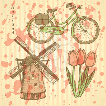 Sketch Holland windmill, bicycle and tulip, vector vintage background
