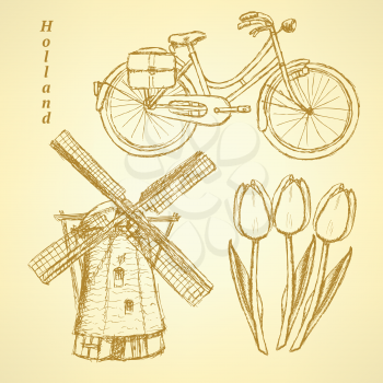 Sketch Holland windmill, bicycle and tulip, vector vintage background