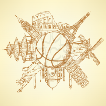 Famous architecture buildings around the basketball ball