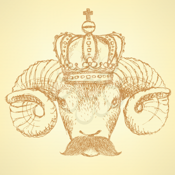 Sketch ram in crown with mustache, background