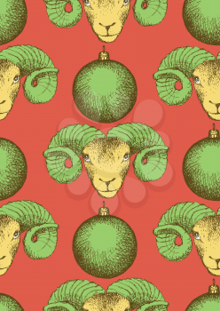 Sketch New Year ram and ball  in vintage style, seamless pattern