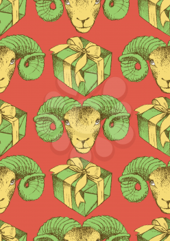 Sketch New Year ram and present in vintage style, seamless pattern