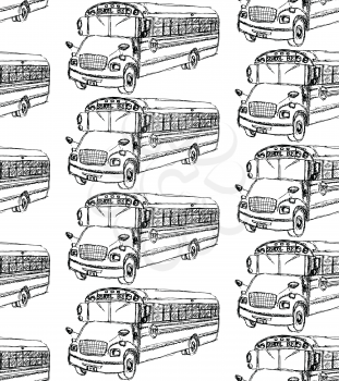 Sketch school bus in vintage style, seamless pattern