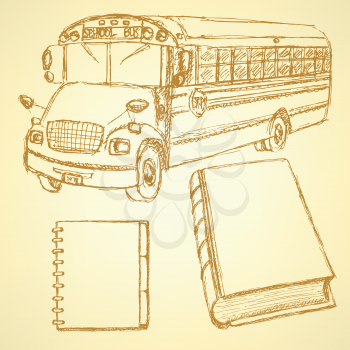Sketch school bus, book and notebook, vintage set