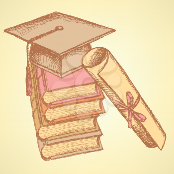 Sketch deck of books with hat on the top and with papyrus diploma