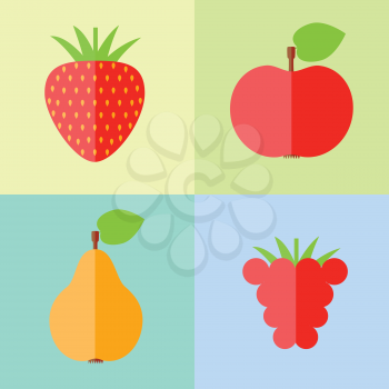 Flat raspberry, apple, pear and strawberry cute set