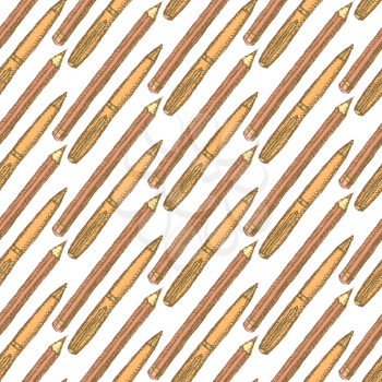 Sketch cute pen and pencil in vintage style, seamless pattern