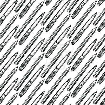 Sketch cute pen and pencil in vintage style, seamless pattern