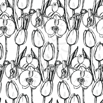 Sketch tulip and orchid, vector vintage seamless pattern
