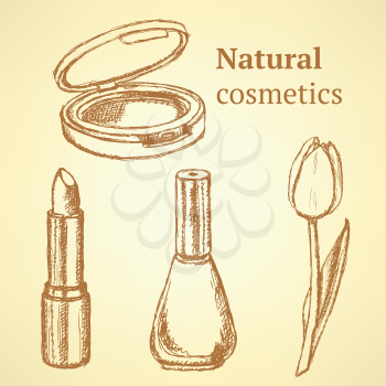 Sketch beauty equipment with tulip in vintage style, set