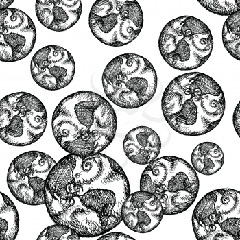 Sketch planet Earth in vintage style, seamless pattern
