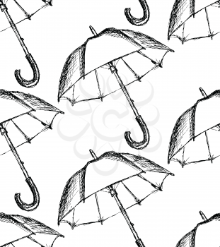 Vintage umbrella in sketch style, seamless pattern