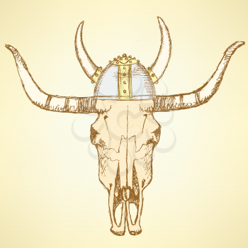 Sketch texas longhorn steer in viking helmet