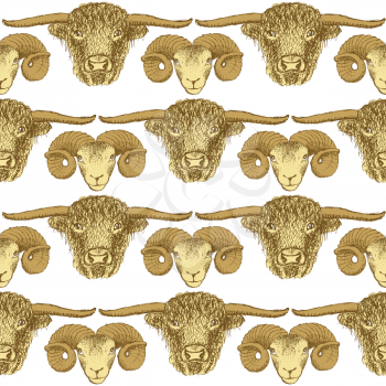 Sketch bull and ram head in vintage style, seamless pattern


