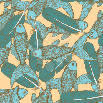 Sketch feather and fish, vector unexpected seamless pattern