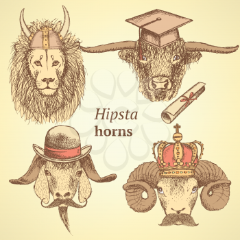 Sketch hipster lion, ram, goat and bull, set
