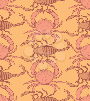 Sketch crab and scorpion in vintage style, seamless pattern
