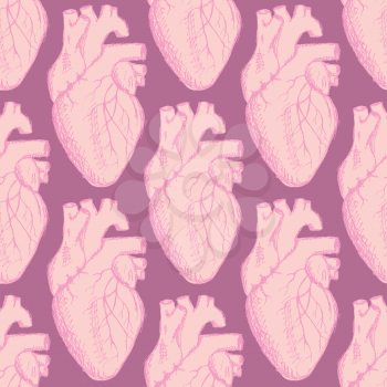 Sketch human heart in vintage style, vector Valentine seamless pattern