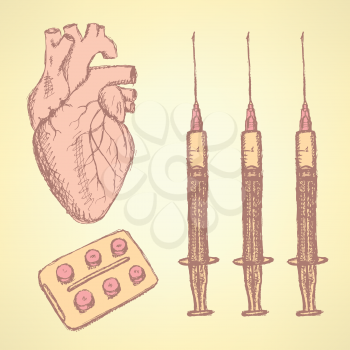 Sketch syringe, pills, human heart, background in vintage style
