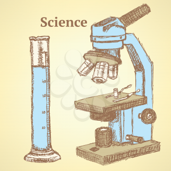 Sketch scientific set in vintage style, vector background
