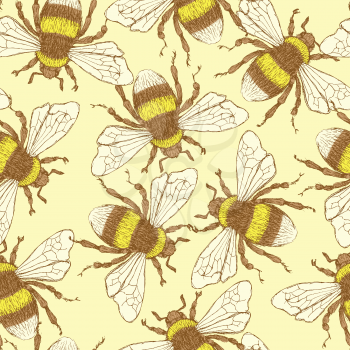 Sketch bumble bee in vintage style, vector seamless pattern

