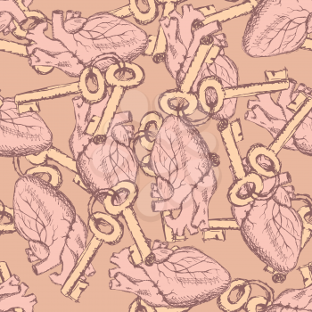Cute vector keys and hearts seamless pattern in vintage style
