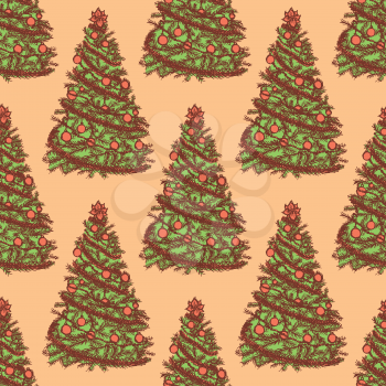 New Year tree with balls, sketch vector seamless pattern