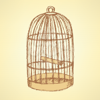 Sketch bird cage in vintage style, vector