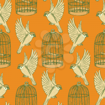 Sketch bird and cage seamless pattern, vector