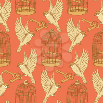 Sketch bird freedom set in vintage style, vector seamless pattern