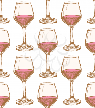 Sketch vine glass in vintage style, vector seamless pattern