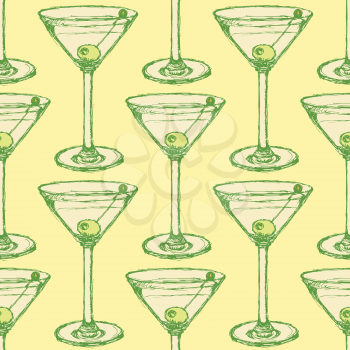 Sketch martini glass with olive in vintage style, vector seamless pattern