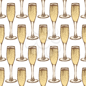 Sketch champagne glass  in vintage style, vector seamless pattern