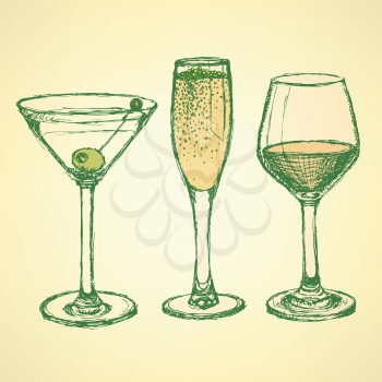 Sketch martini, champagne and wine glass in vintage style, vector

